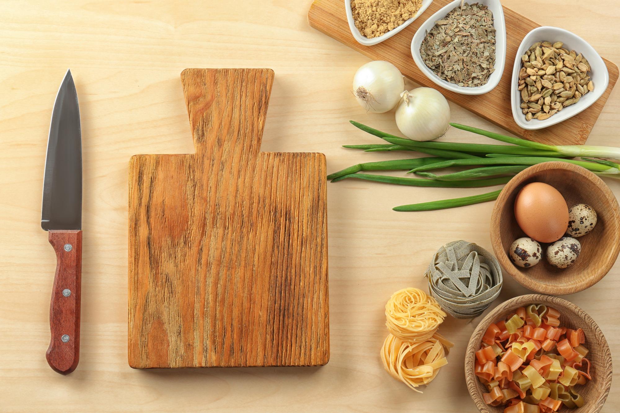 Studio counter with tools and produce